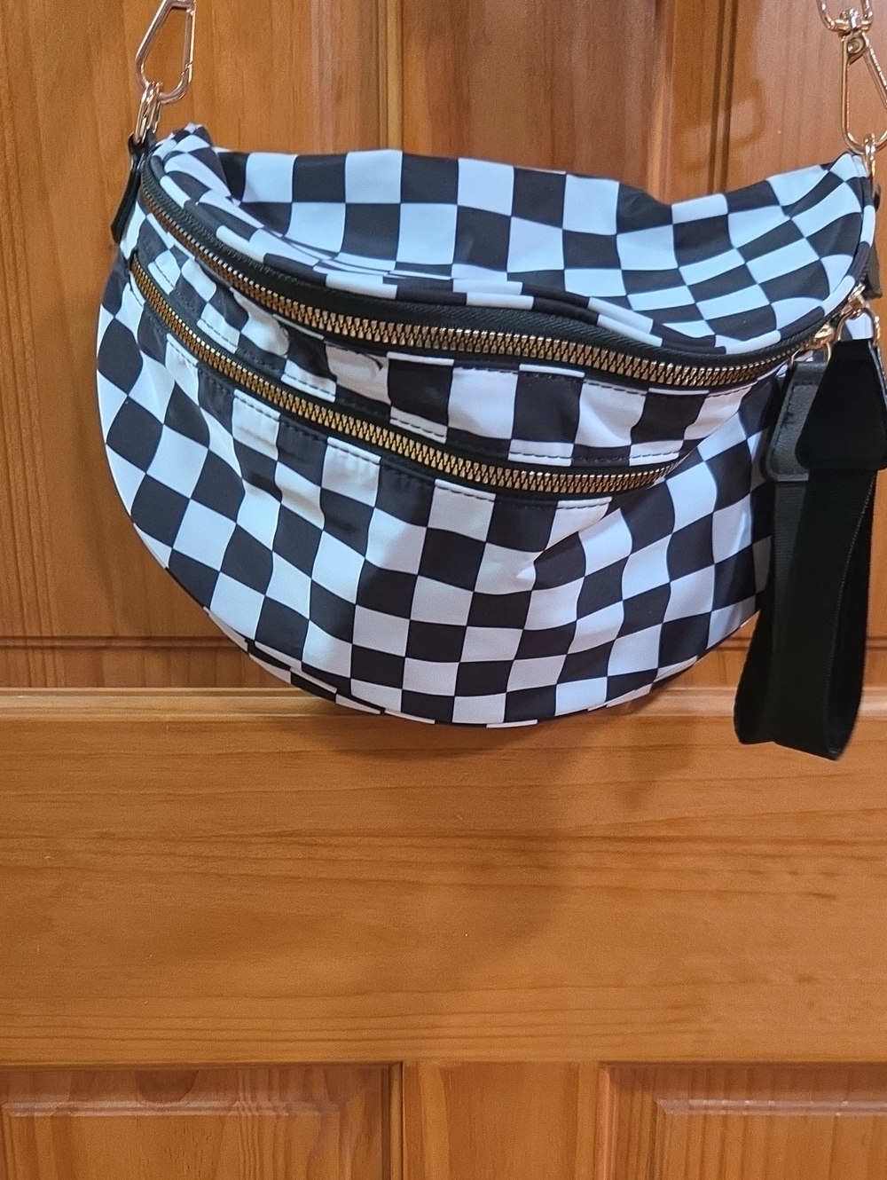 Black and White Checkered Crossbody Bag with Gold Zippers